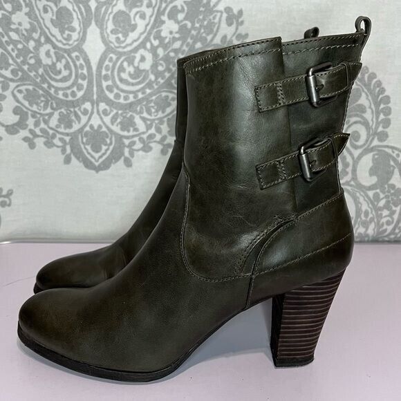 Biala Olive Leather Heeled Double Buckle Zip Ankle Booties Size 41 - Picture 7 of 12
